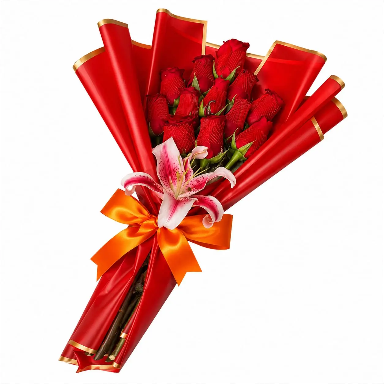 ramo de rosas rojas y lirio rosado para regalar arreglo floral elegante con delivery de flores en Lima